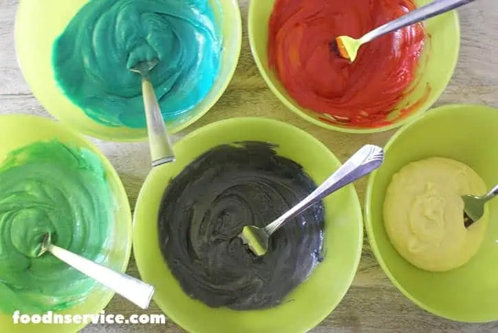 unicorn lava cake batter in bowls
