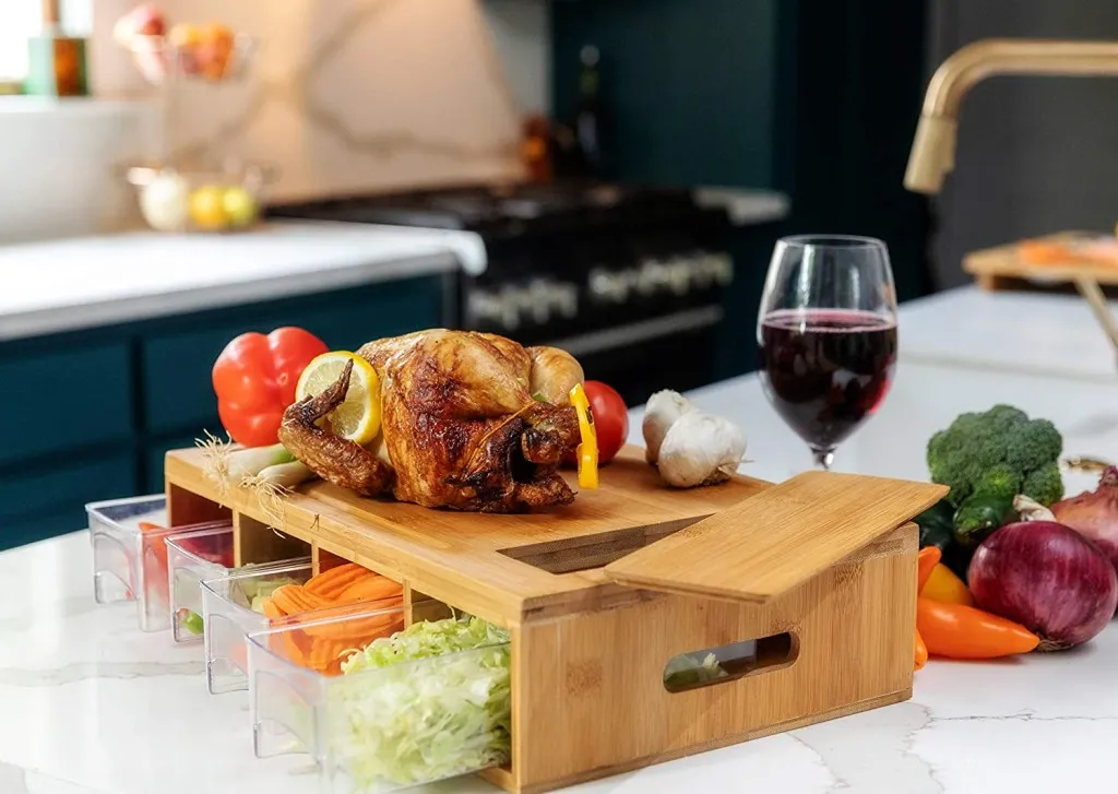 chicken on a cutting board with food prep drawers clever kitchen products item