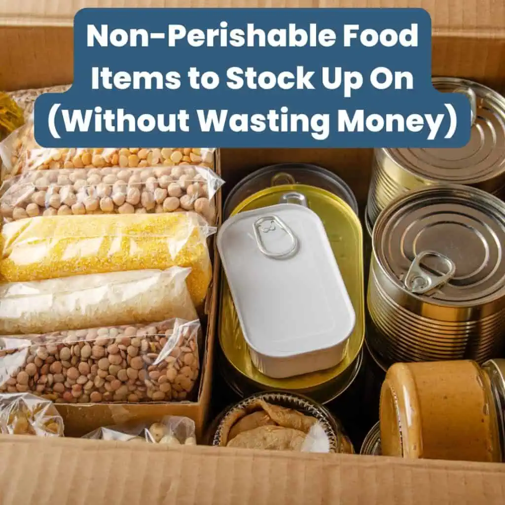 an image of dried goods in both cans and bags wfilled with beans, rice, lentils, veggies, and more