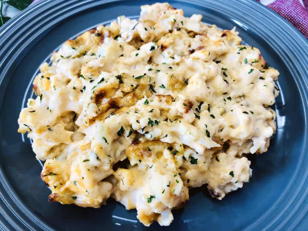 a plate of baked keto cauliflower mac and cheese