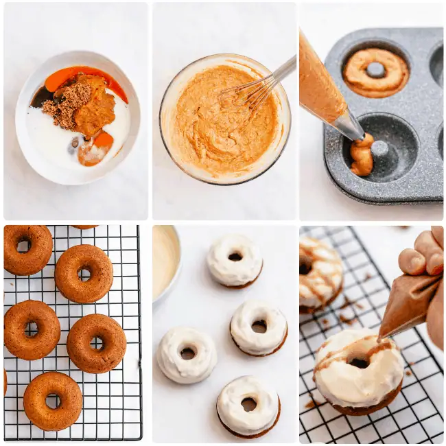 step by step instructions for pumpkin spice donuts. pumpkin spiced donuts with glaze