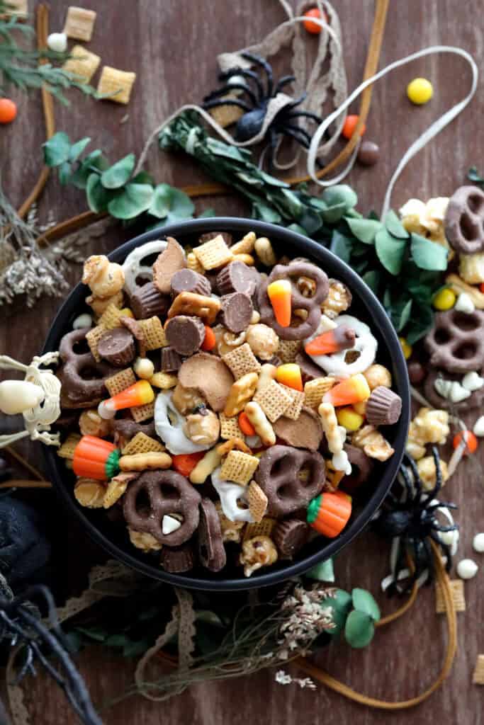 easy to make fall trail mix made with chex cereal and pretzels