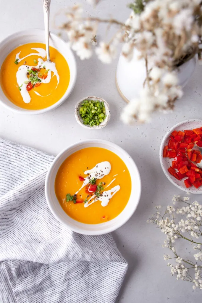 Overhead shot of ginger butternut squash soups