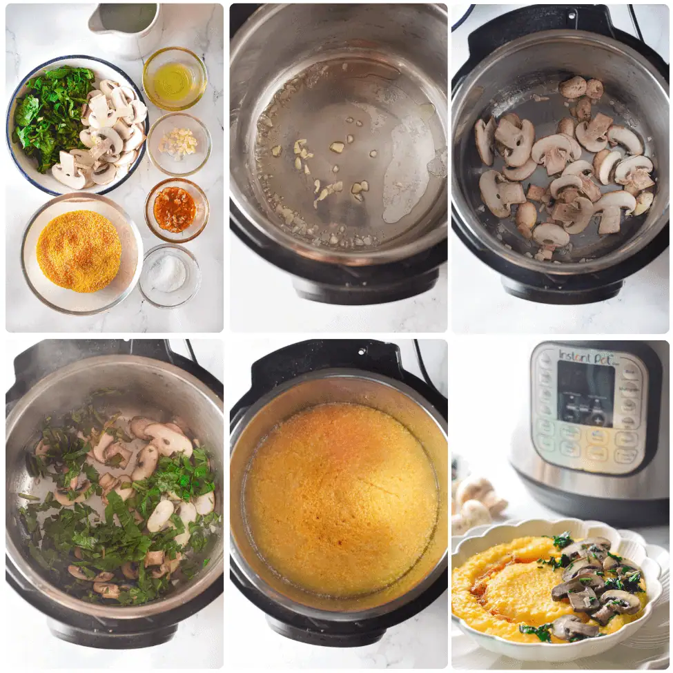 instant pot polenta with mushrooms inprocess step by step photos.