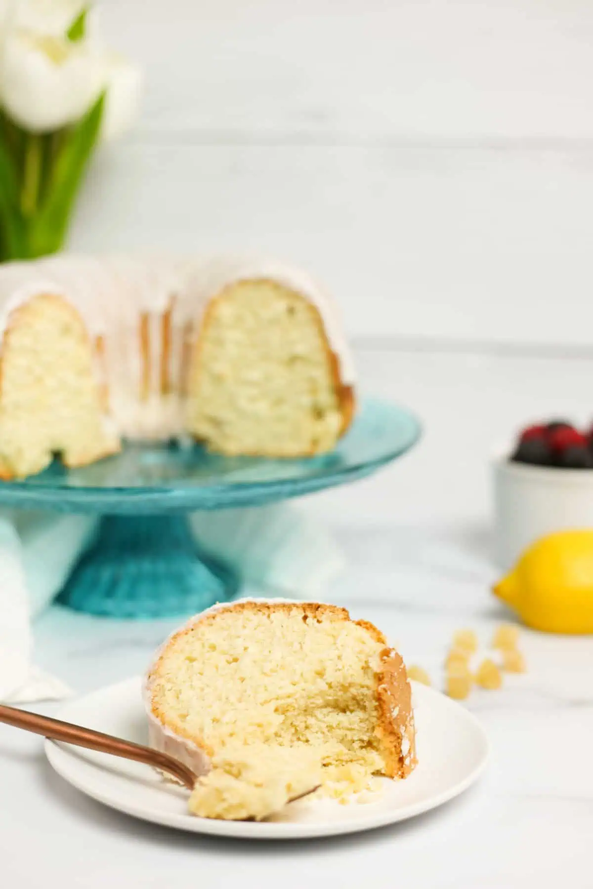 lemon ginger bundt cake on a white plate