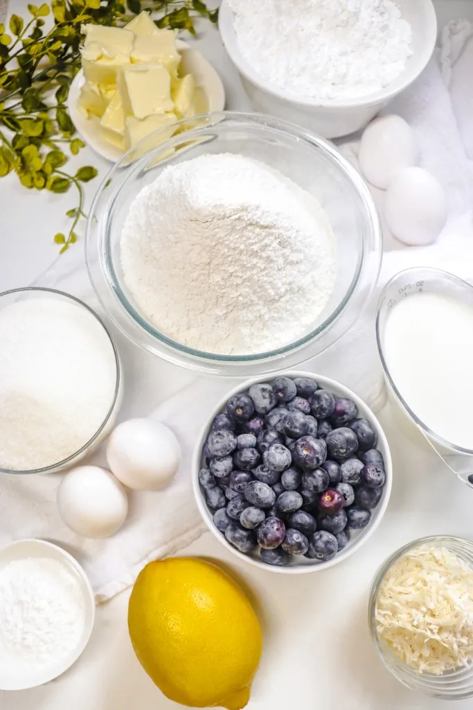 Ingredients for making lemon blueberry cake
