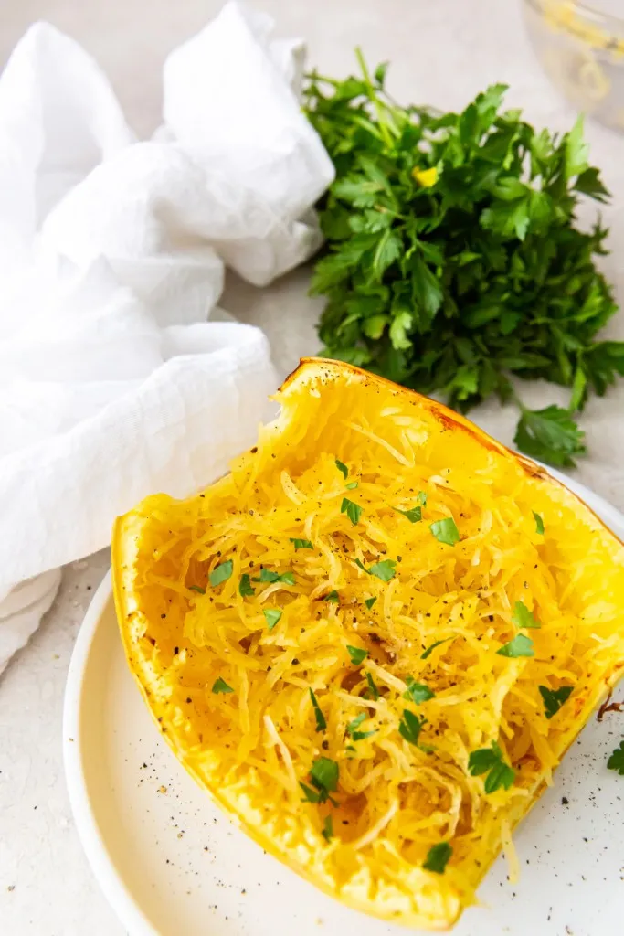 overhead shot of cooked spaghetti squash