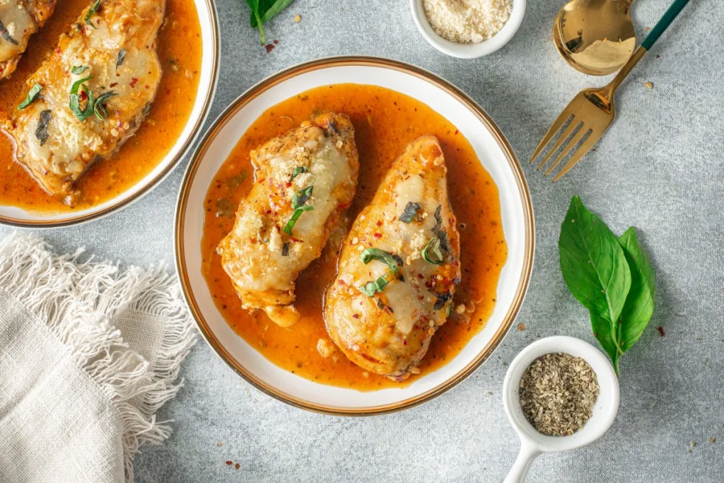 overhead shot of instant pot chicken parmesan with fresh basil