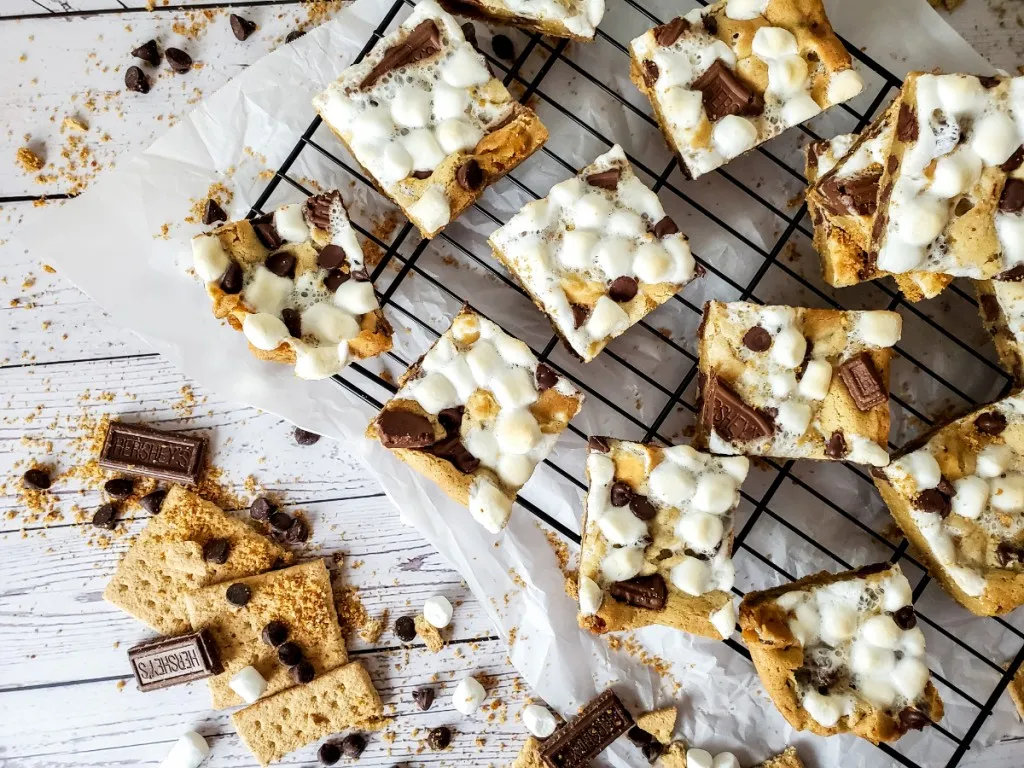 smores bars recipe cut into squares on white background