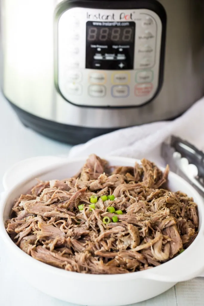 a bowl of pulled pork in a white bowl with scallions