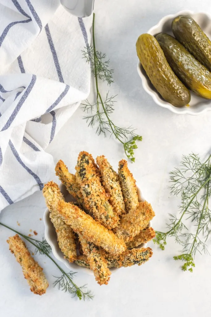 overhead shot of air fried pickles