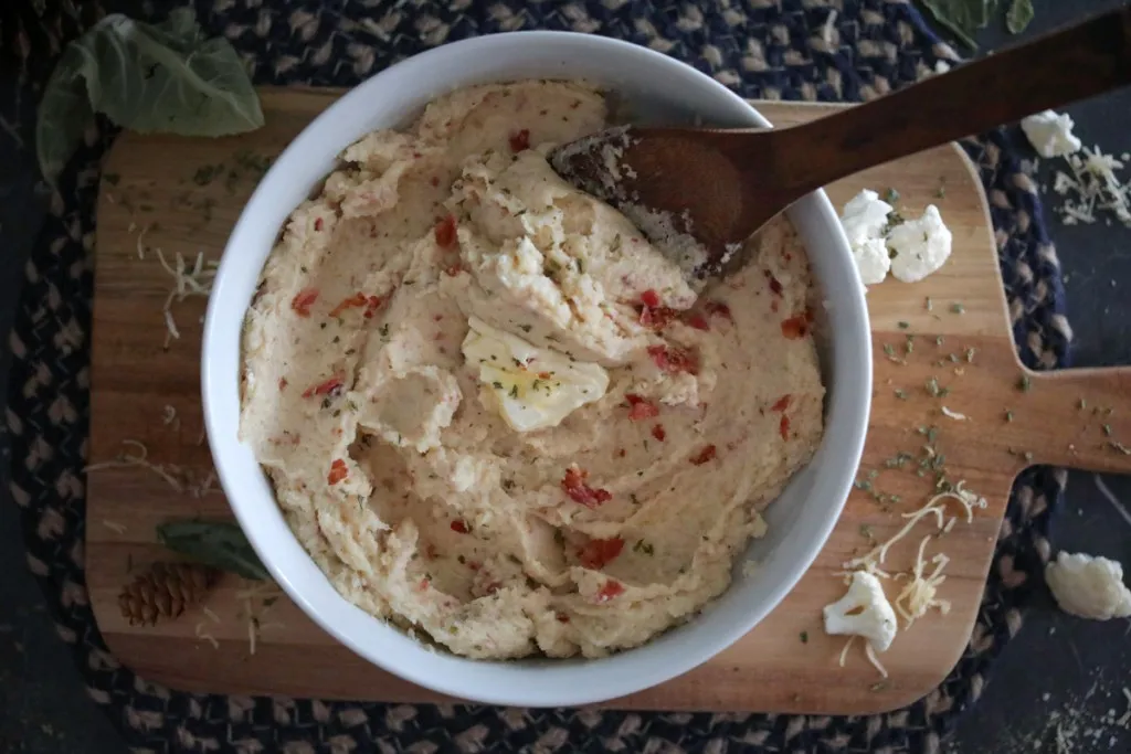cauliflower mash in a white bowl