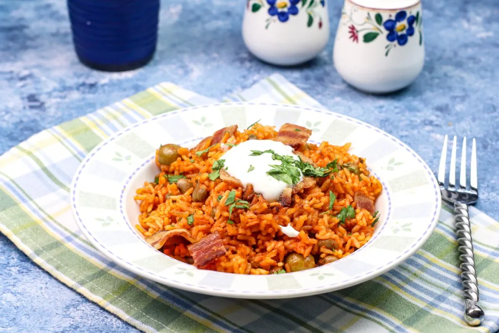 instant pot arroz con gandules in a white bowl