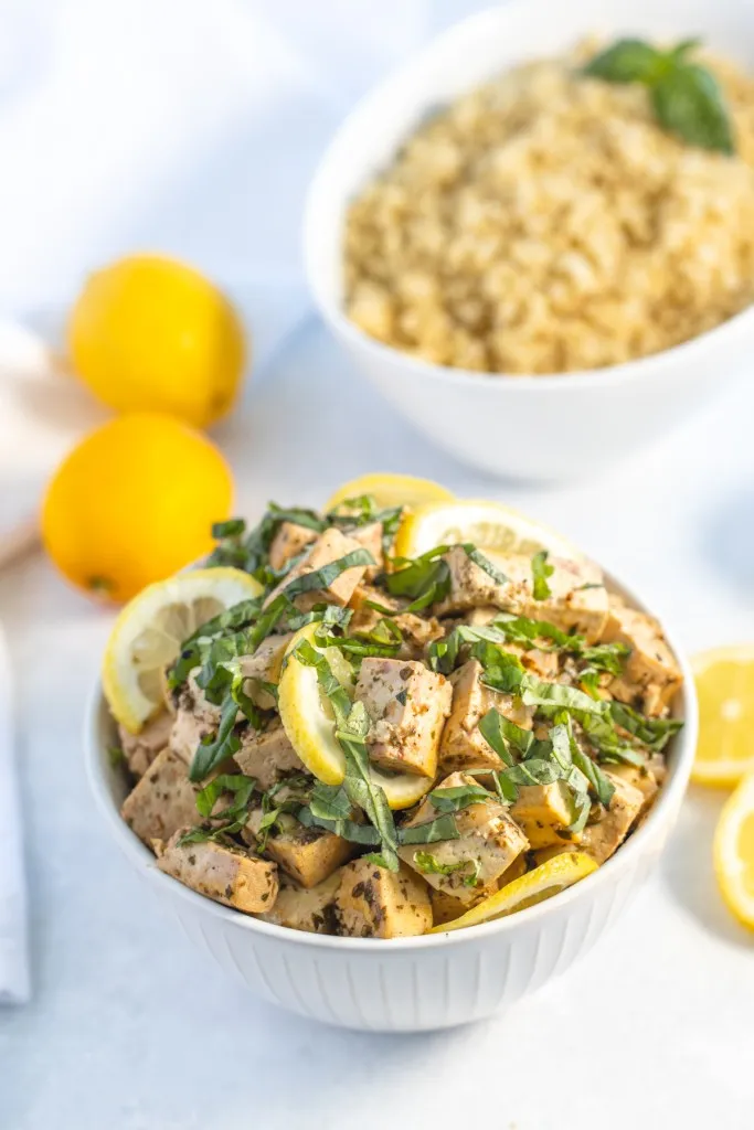instant pot lemon tofu in a white bowl