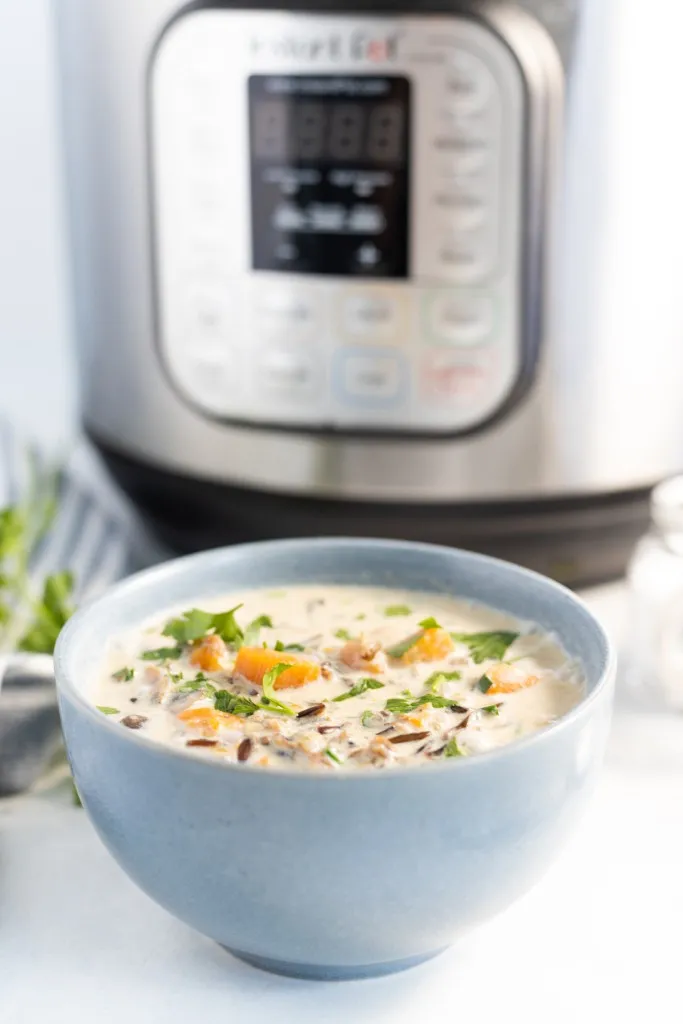 instant pot wild rice and mushroom soup in a bowl