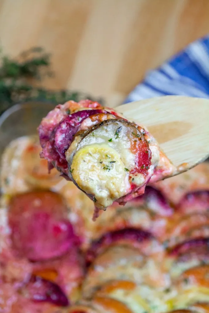 vegetable au gratin on a wooden spoon