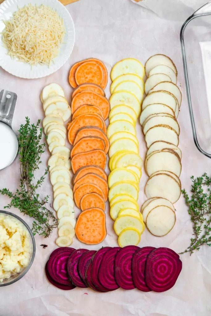 ingredients for making a creamy vegetable au gratin