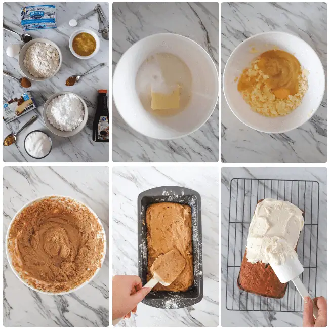step by step directions on how to make gingerbread loaf with cream cheese icing