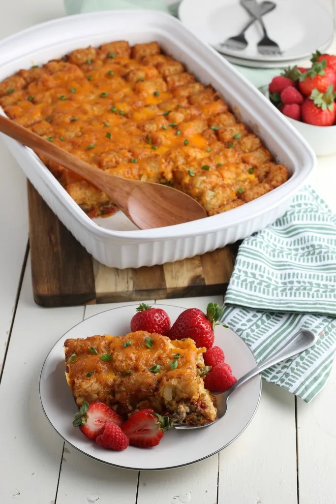breakfast casserole with sliced strawberries