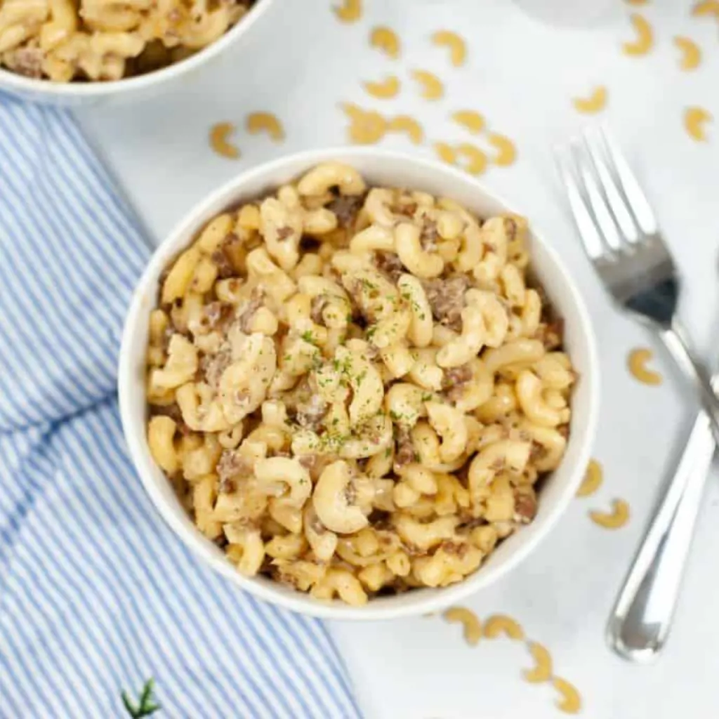 easy overhead shot of homemade hamburger helper in a white bowl
