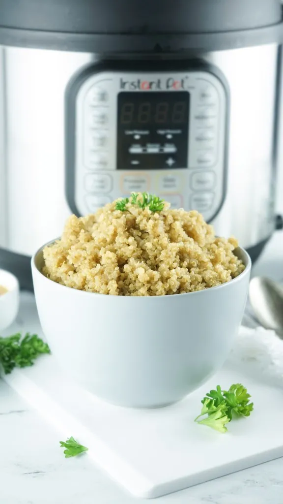 a bowl full of cooked quinoa made in the instant pot in a white bowl with green parsley