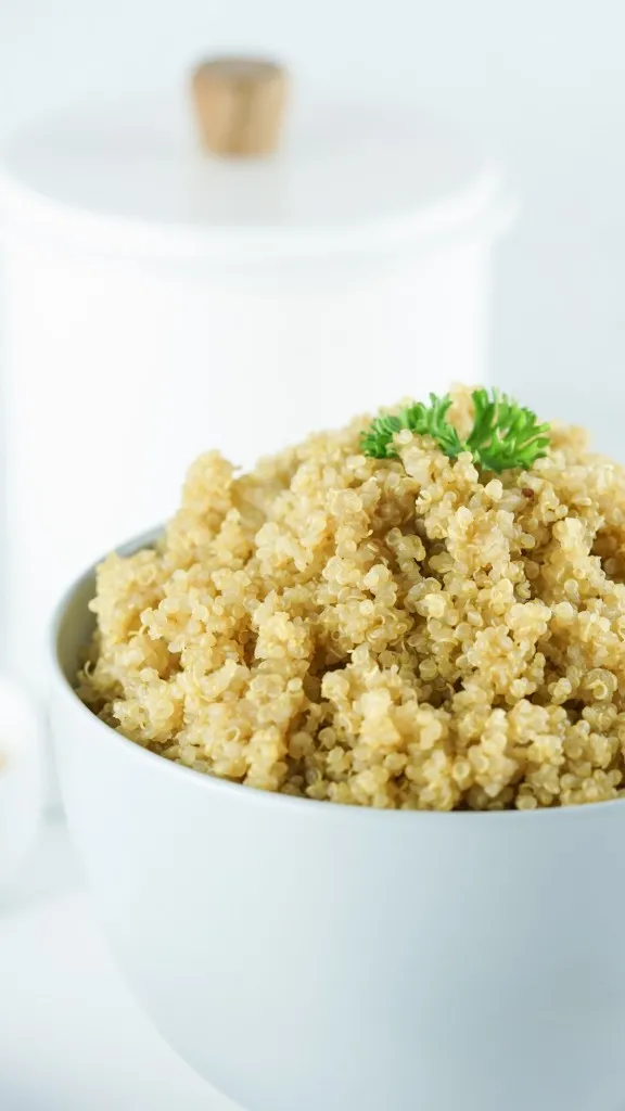 close up view of a bowl full of cooked quinoa made in the instant pot in a white bowl with green parsley