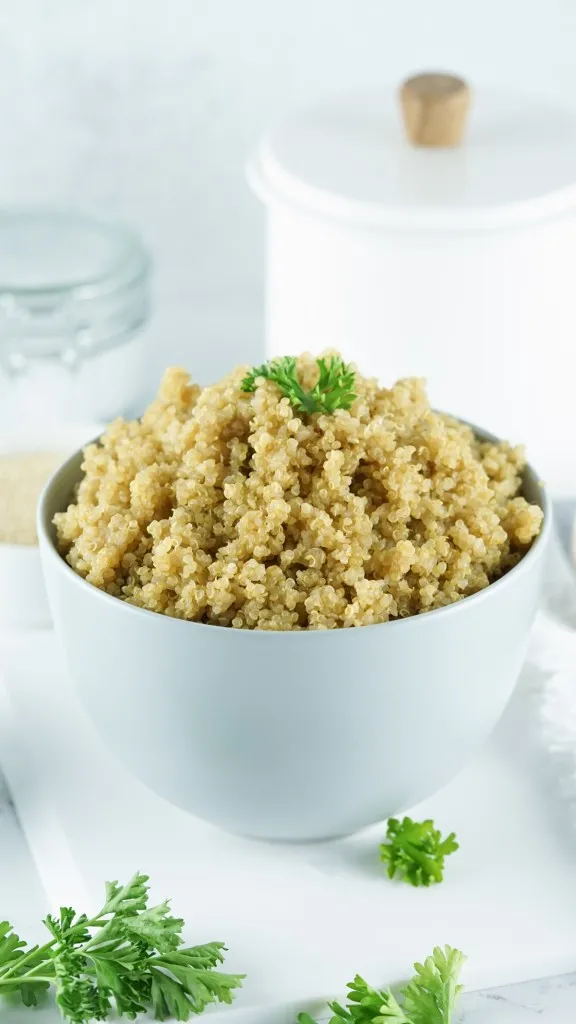 a blue bowl full of cooked quinoa made in the instant pot in a white bowl with green parsley on a square plate