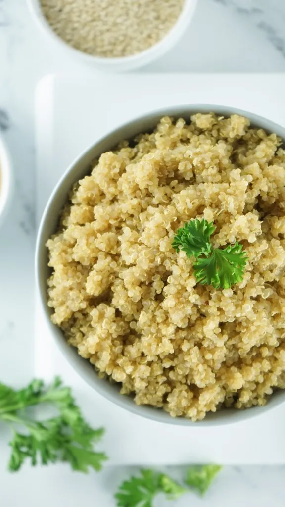 close up view a bowl full of cooked quinoa made in the instant pot in a white bowl with green parsley