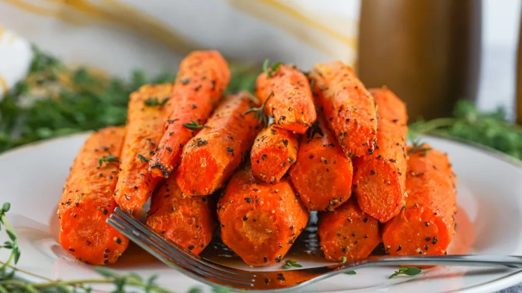 pile of herb roasted air fryer carrots and a gold trimmed white platter with fresh herbs and fork in the front