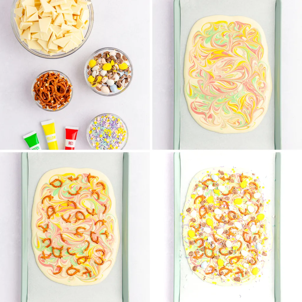 step by step inprocess photos of how to make easter bark with pretzels an cadbury mini eggs