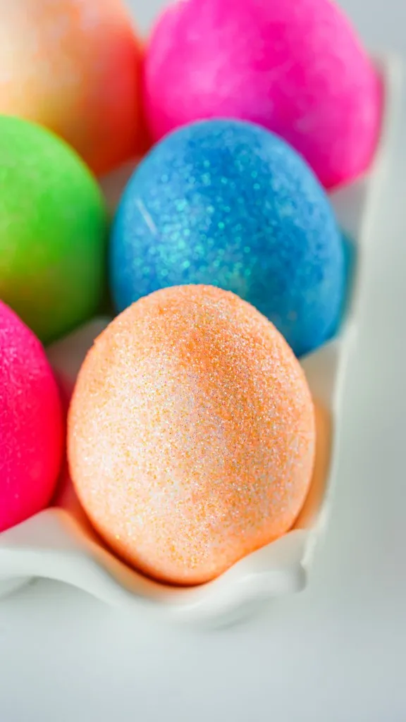 orange glitter easter egg, next to a green, pink, and blue egg