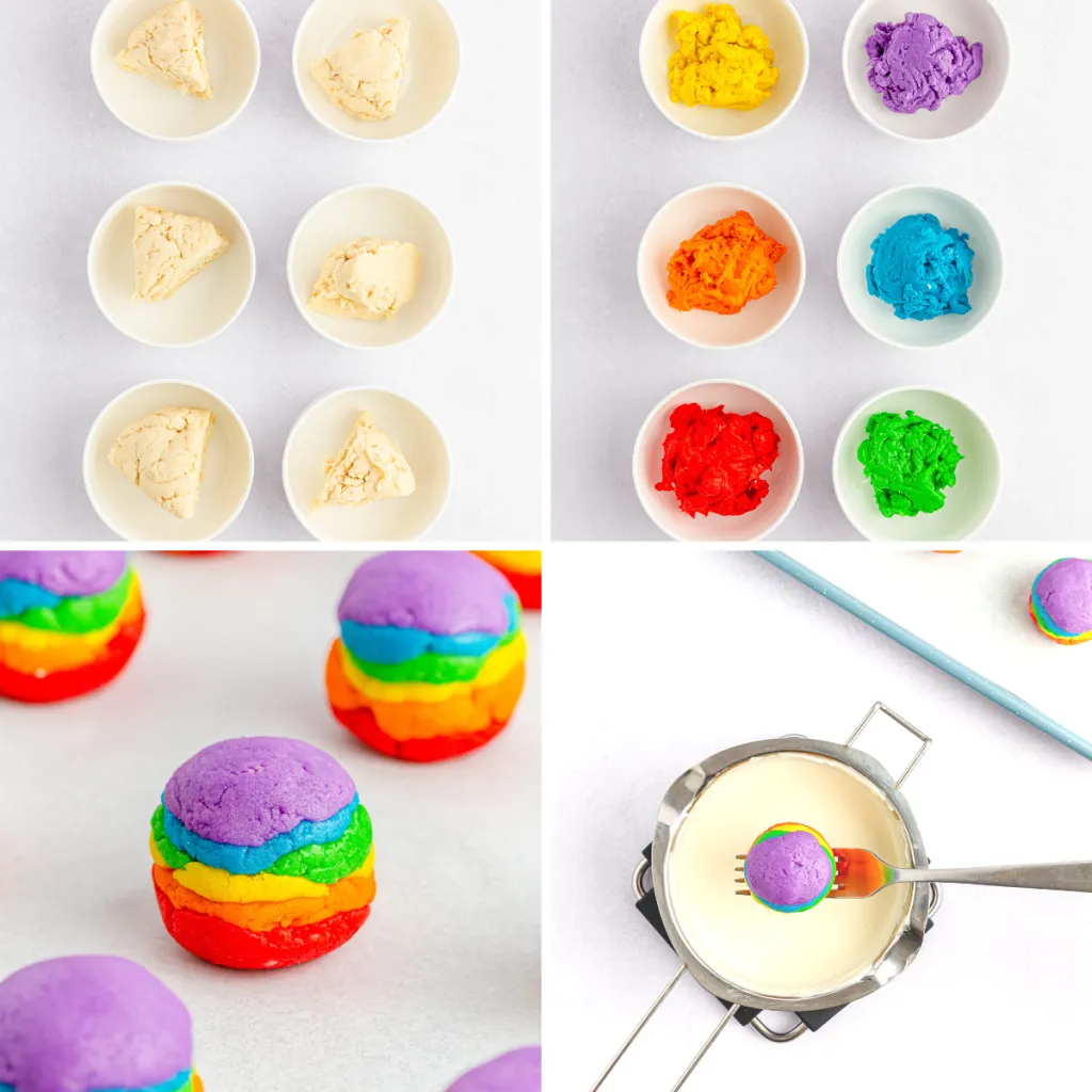inprocess photos of how to make rainbow cake mix balls dipped in a white chocolate