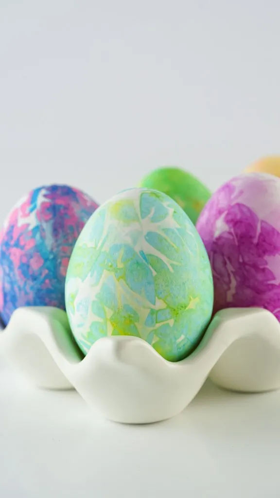 multi-colored eggs dyed with bleeding tissue paper in a ceramic egg holder