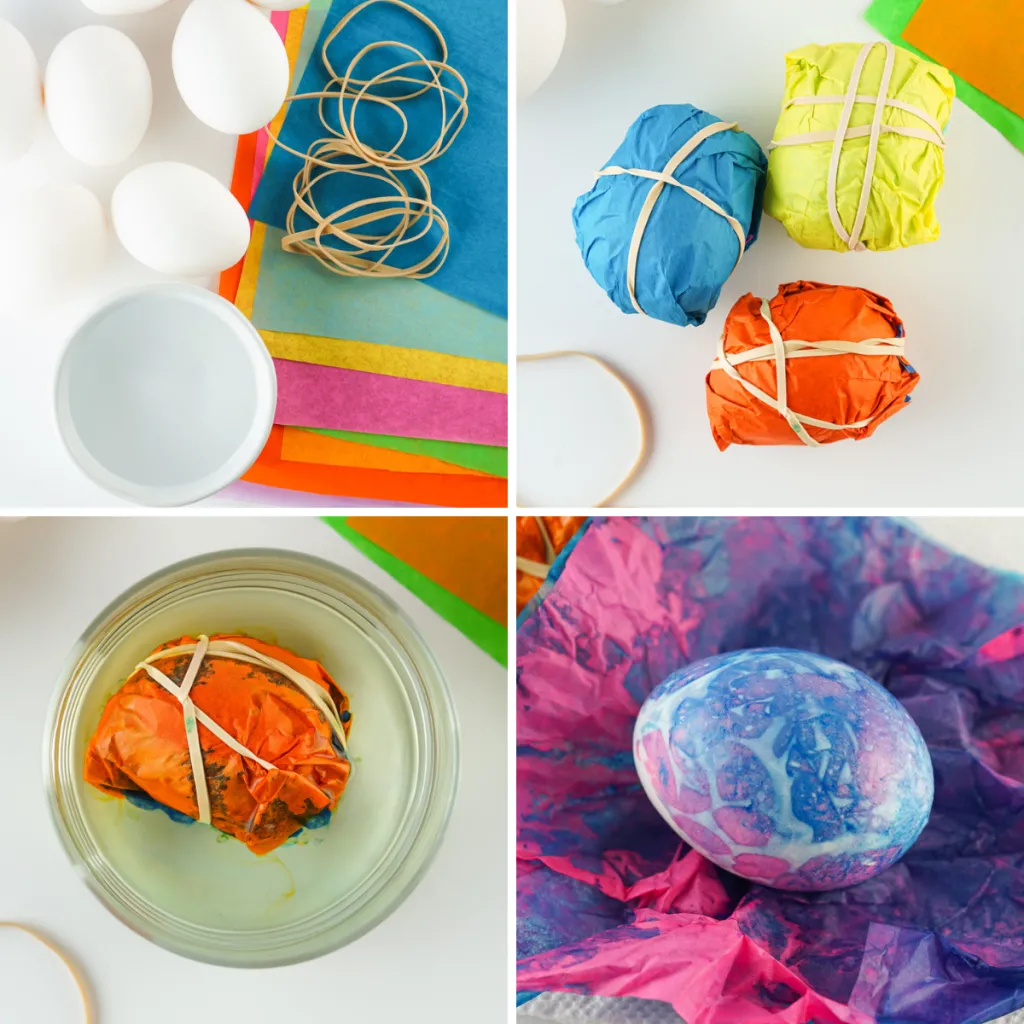 process images of how to make tissue dyed easter eggs step by step