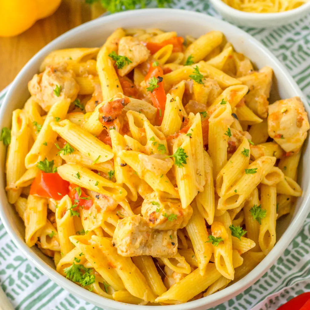 overhead image of cajun creamy pasta made in the slow cooker