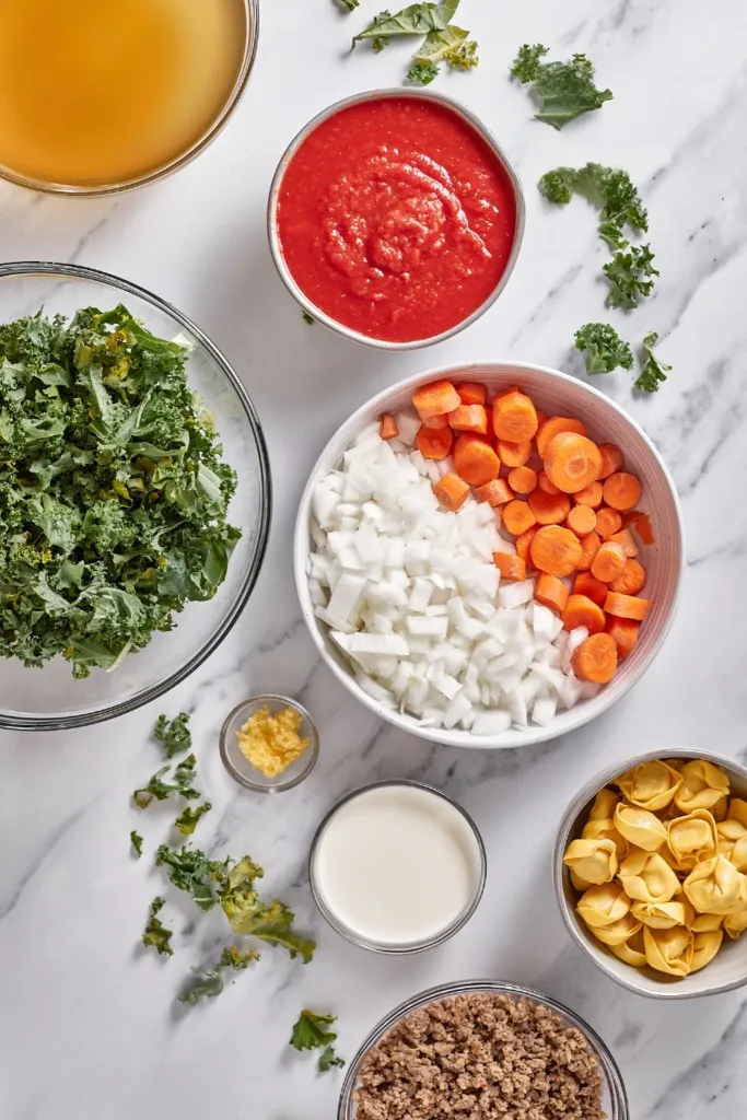 Sausage kale tortellini soup ingredients on a marble countertop.