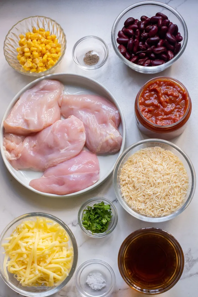 Baked Salsa Chicken ingredients on a white countertop.