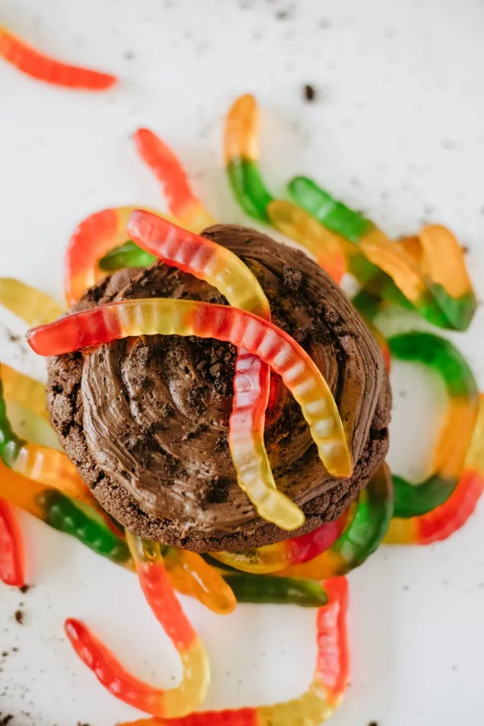 Close-up of thick chocolate cookie with Oreo “dirt” and frosting swirl