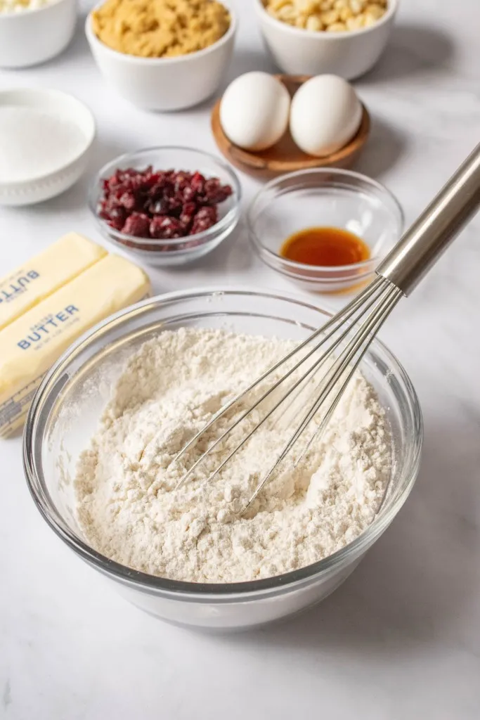 White chocolate cranberry hazelnut cookie ingredients on a marble countertop.