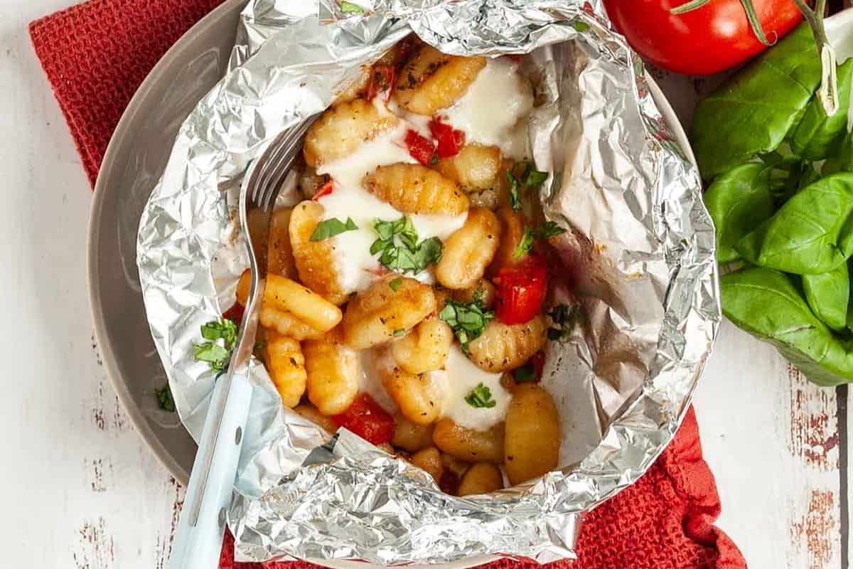 Caprese gnocchi in foil packets.