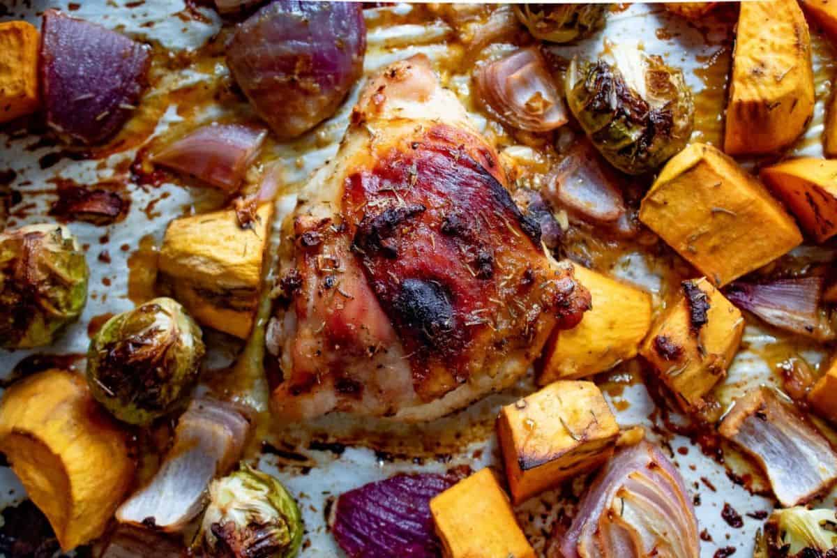 Paleo chicken thighs and roasted veggies.