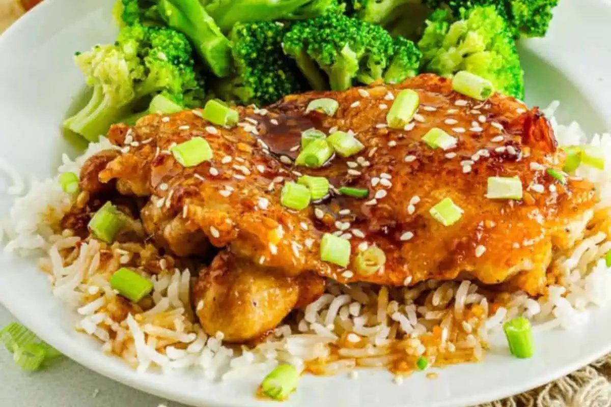 Honey ginger chicken on a plate.