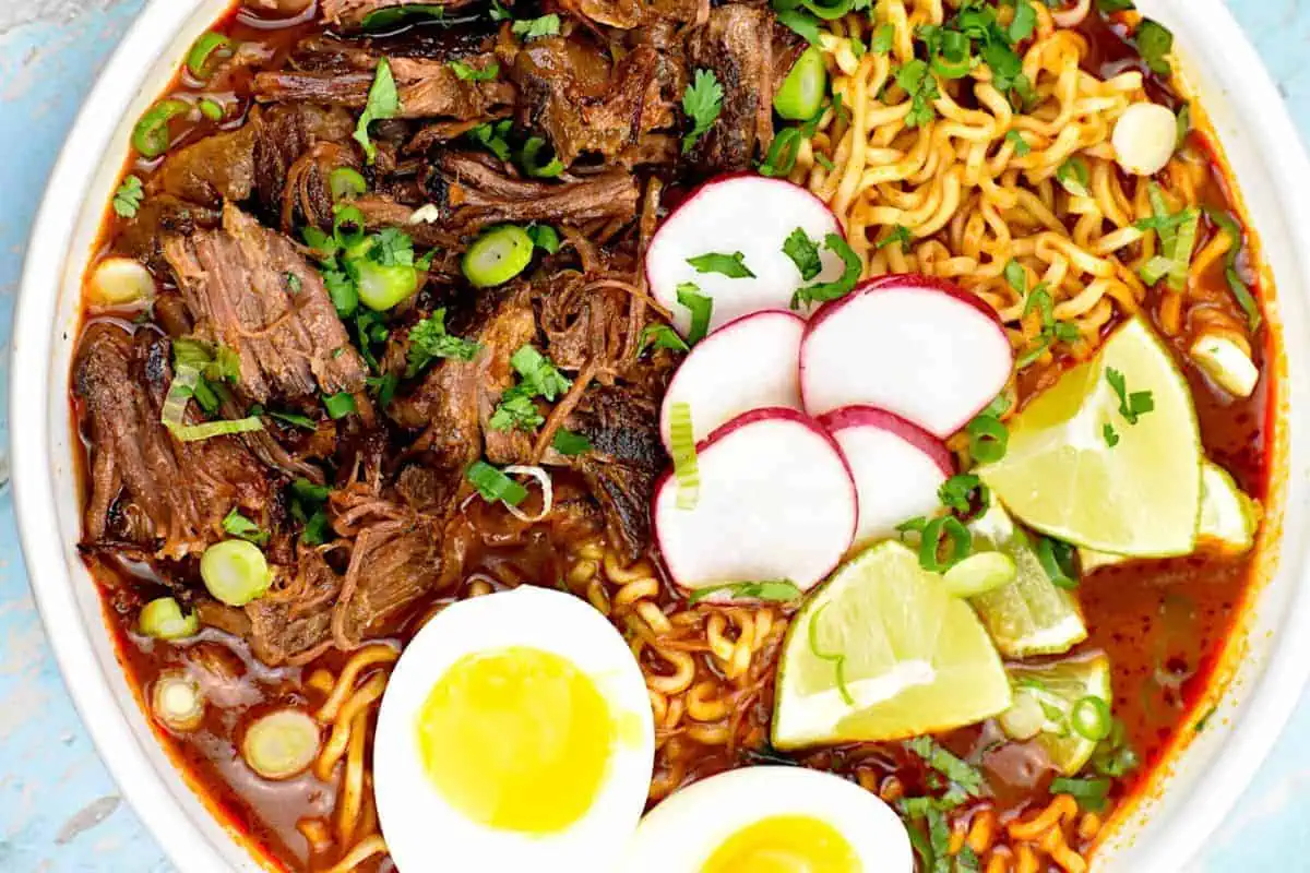 Birria ramen in a bowl.