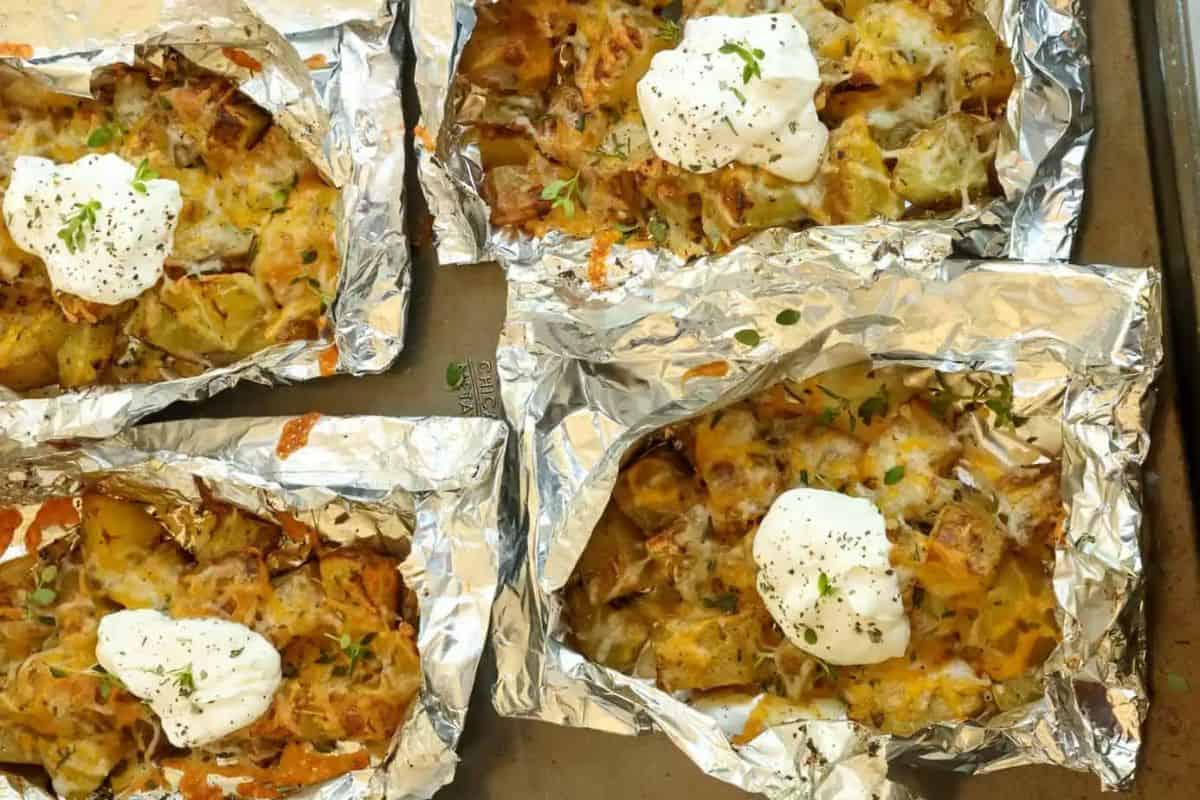 Potatoes in foil packets.