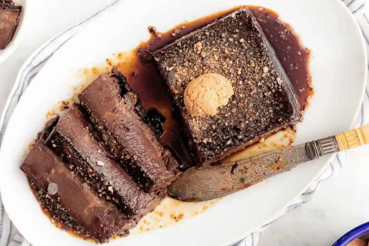 Sliced chocolate custard.