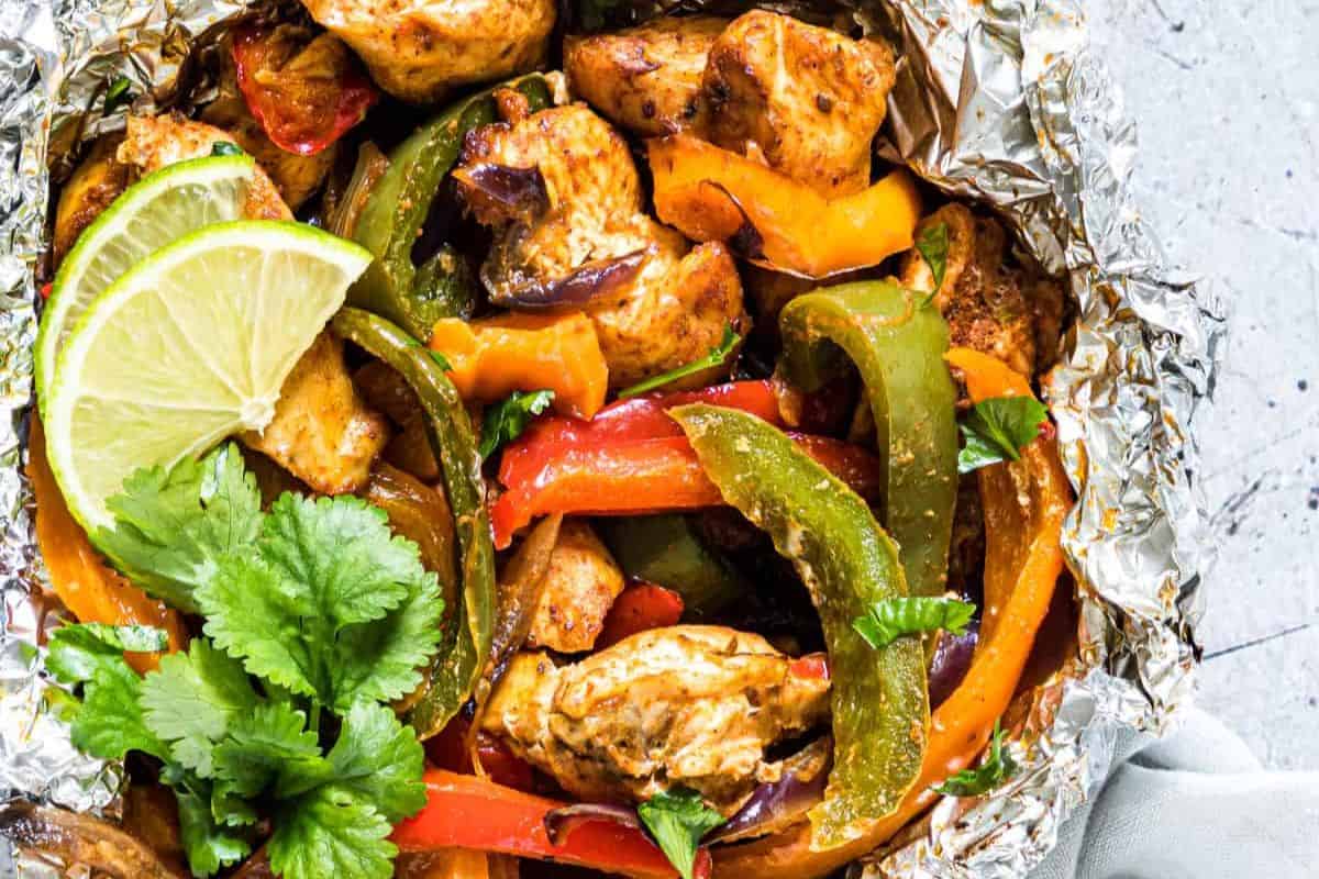 Chicken fajitas in a foil pack.