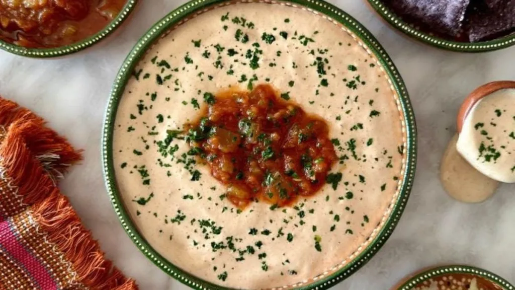 A bowl of queso with salsa on top.