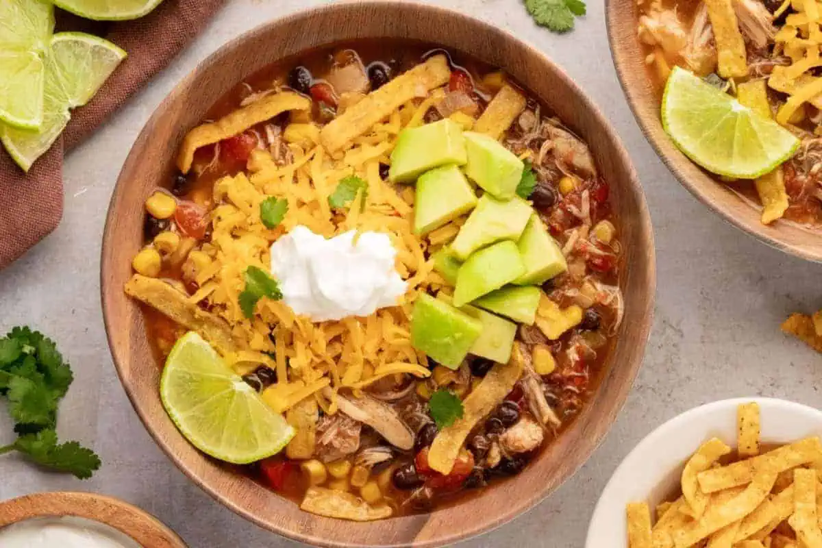 A bowl of chicken tortilla soup.