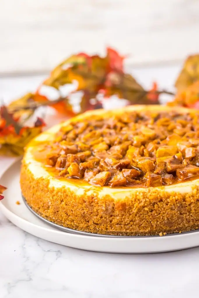 Caramel apple cheesecake topped with sweetly spiced diced apples and caramel sauce, placed on a large white serving plate.