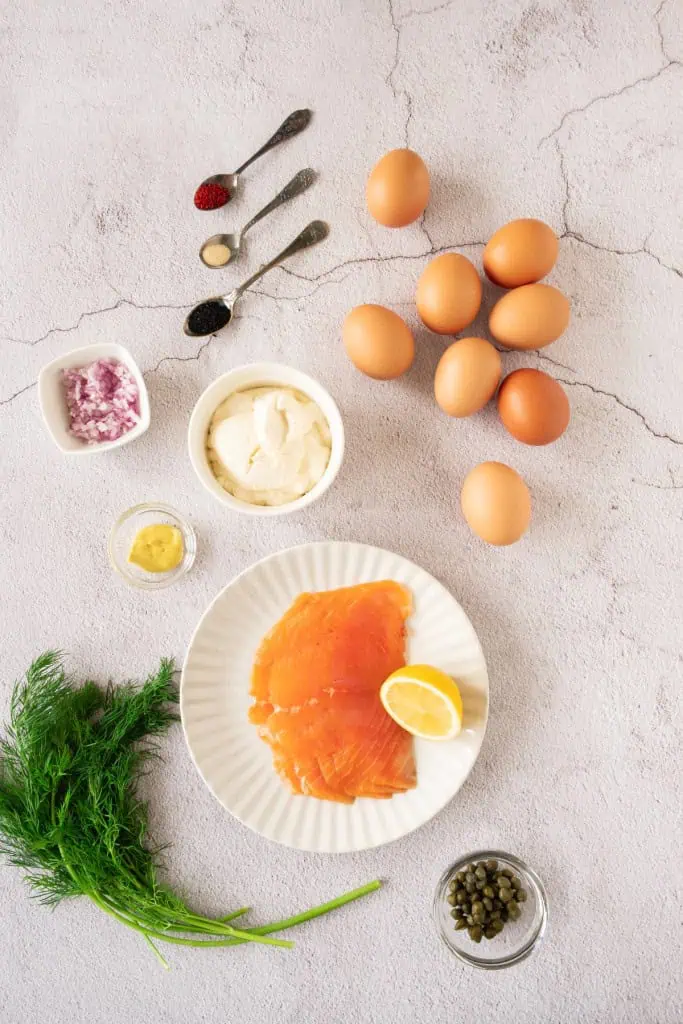 fresh made ingredients for my brunch perfect smoked salmon deviled eggs appetizer